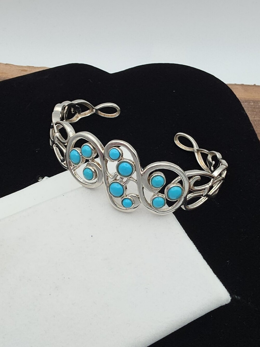 JTV 925 Sterling Silver Sleeping Beauty Turquoise Cabochon Scroll Cuff Bracelet